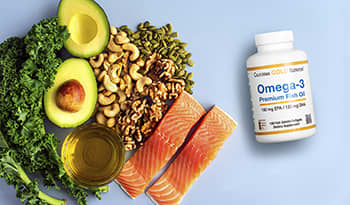 Food sources of omega 3: fish oil, avocado, nuts, salmon, leafy greens