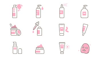 white and pink icons representing japanese beauty products