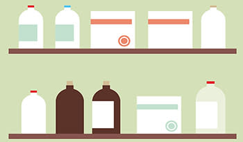 Medicine shelf with supplement bottles and boxes of vitamins