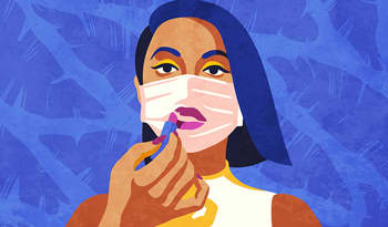 illustration of woman applying makeup with face mask on