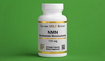 Nicotinamide adenine dinucleotide (NAD+) supplement bottle on green background