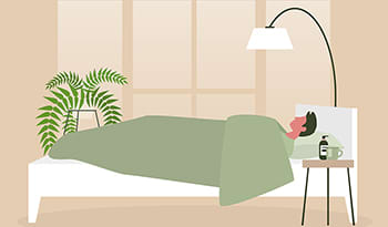 Male asleep in bed with plant in room vector art