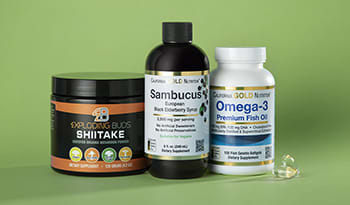 Supplement bottles on green background; shiitake mushroom powder, sambucus elderberry syrup, omega-3