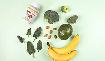 Vitamin b food sources like spinach, broccoli, banana, almonds, and supplement