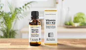 Vitamin D + K2 supplement on kitchen table