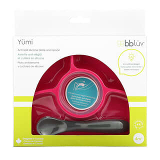 Bbluv, Yumi, Anti-Spill Silicone Plate And Spoon, 4+ Months, Pink, 1 Set