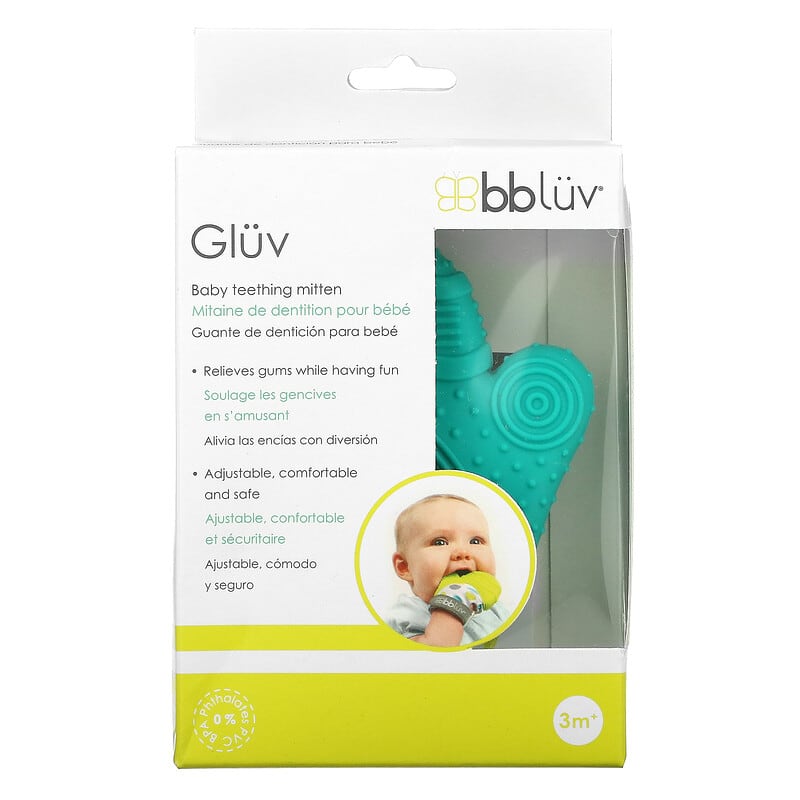 Gluv, Moufles de dentition pour bébés, 3 mois et plus, Bleu, 1 mitaine