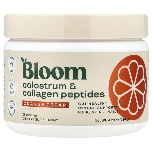 Bloom Colostrum & Collagen Peptides, Orange Cream, 4.23 oz (120 g)