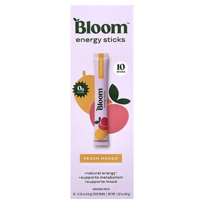 Bloom, Energy Sticks, Peach Mango, 10 Stick Packs, 0.16 oz (4.6 g) Each