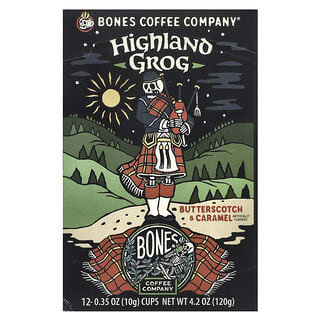 Bones Coffee Company, Highland Grog, кофейные чашки, ириска и карамель, 12 чашек по 10 г (0,35 унции)