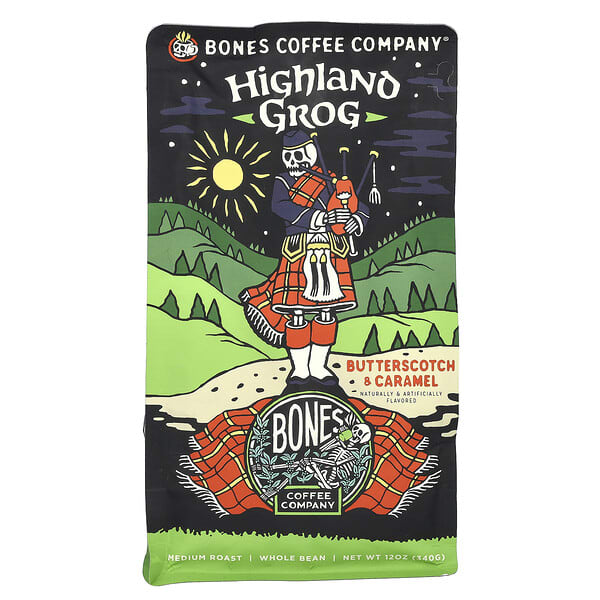 Bones Coffee Company, Highland Grog, Butterscotch &amp; Caramel, Whole Bean, Medium Roast, 12 oz (340 g)