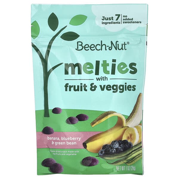 Beech-Nut, Naturals เมลตี้รสผลไม้และผัก สำหรับเด็กอายุ 8 เดือนขึ้นไป รสกล้วย บลูเบอร์รี่ และถั่วแขก ขนาด 1 ออนซ์ (28 ก.)