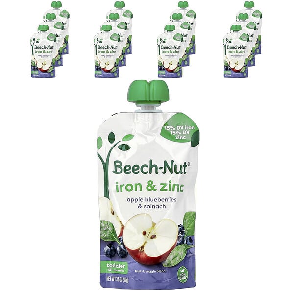 Beech-Nut, Iron & Zinc, 12+ Months, Apple, Blueberries & Spinach, 6 Pouches, 3.5 oz (99 g) Each