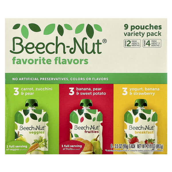 Beech-Nut, 좋아하는 맛 버라이어티 팩, 6개월 이상 및 12개월 이상, 파우치 9개, 각 99g(3.5oz)