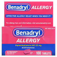 Benadryl, Allergy, Dipenhydramine HCl, 25 mg, 100 Tablets