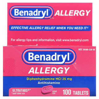 Benadryl, 알레르기, 디펜히드라민 HCl, 25mg, 100정