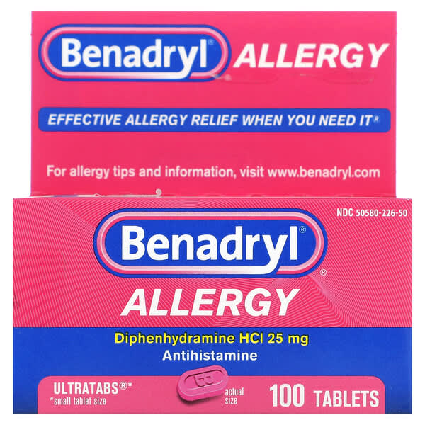Benadryl, 敏感症，鹽酸苯海拉明，25 毫克，100 片