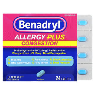 Benadryl, Allergy Plus，Congestion，24 片
