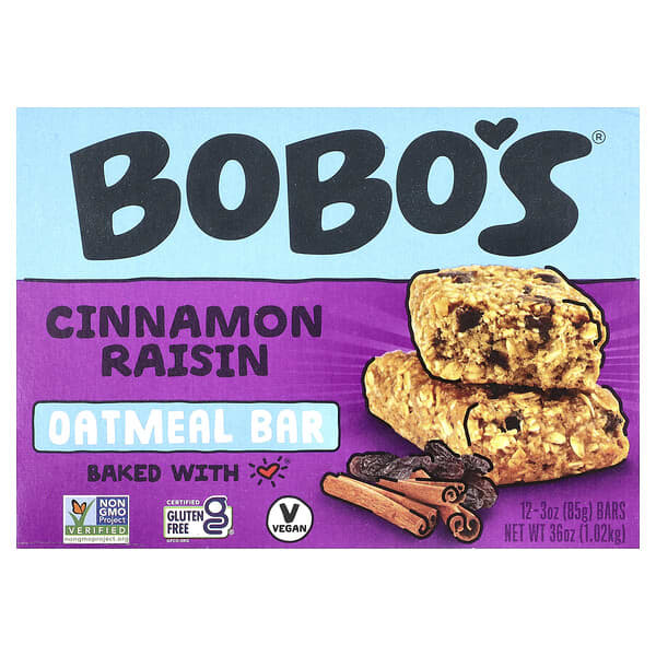Bobo's Oat Bars, Barrita de avena, Canela y pasas, 12 barritas, 85 g (3 oz) cada una