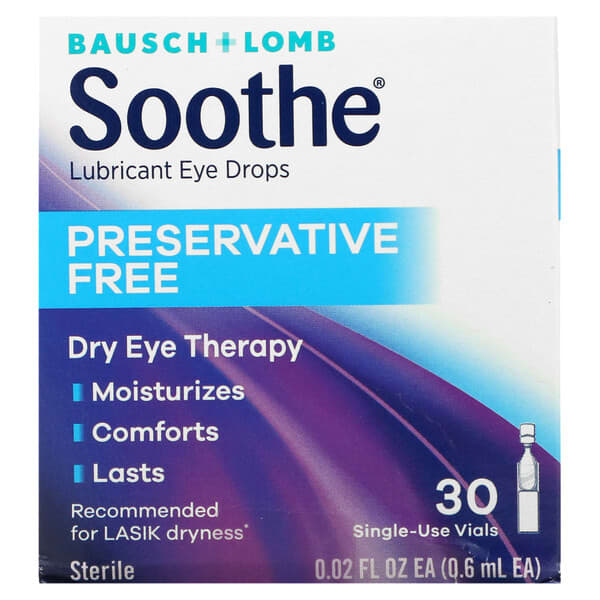 Bausch + Lomb‏, Soothe، قطرات تشحيم العينين، خالية من المواد الحافظة، 30 أمبول للاستخدام مرة واحدة، 0.02 أونصة سائلة (0.6 مل) لكل أمبول