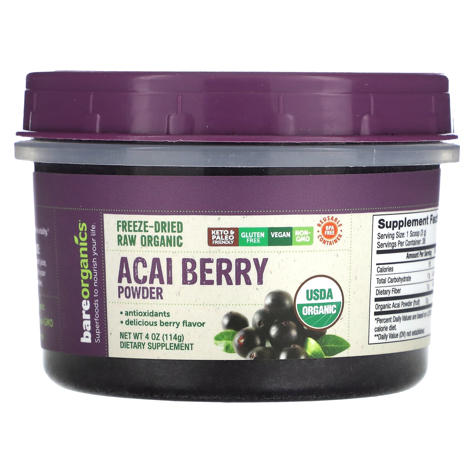 Bareorganics Freeze Dried Raw Organic Acai Berry Powder Oz G