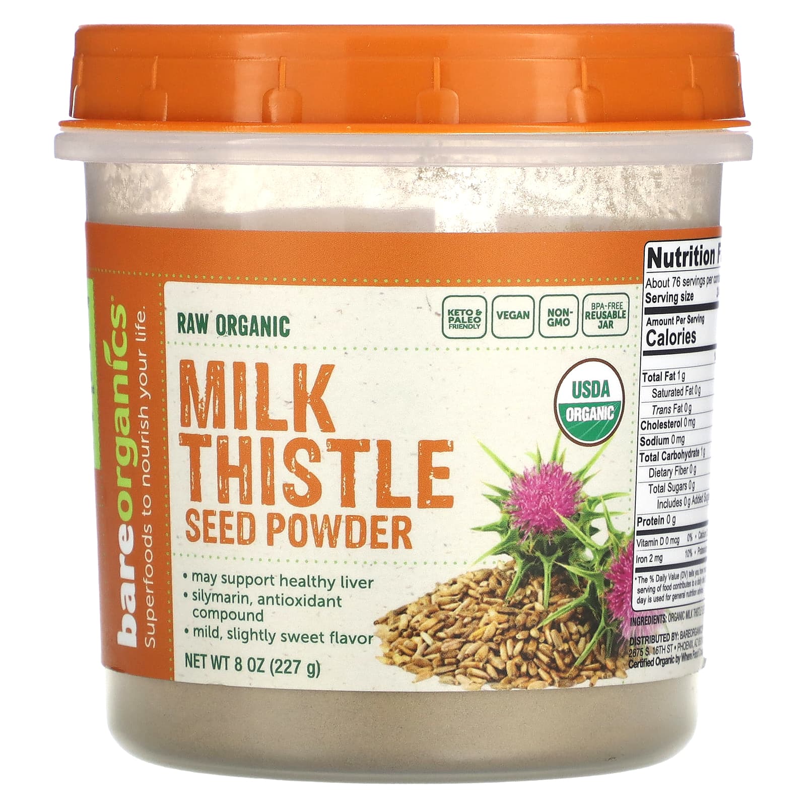 Bareorganics Raw Organic Milk Thistle Seed Powder 8 Oz 227 G