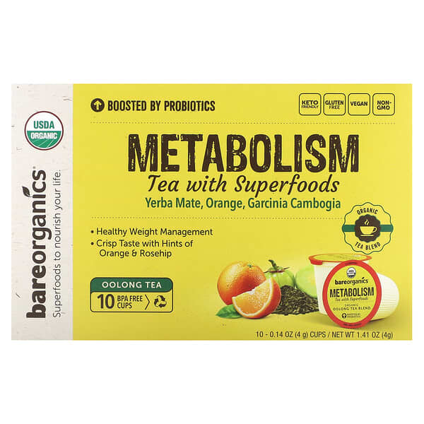 BareOrganics Metabolism, Tea with Superfoods, Oolong Tea, 10 Cups, 0.14 oz (4 g) Each