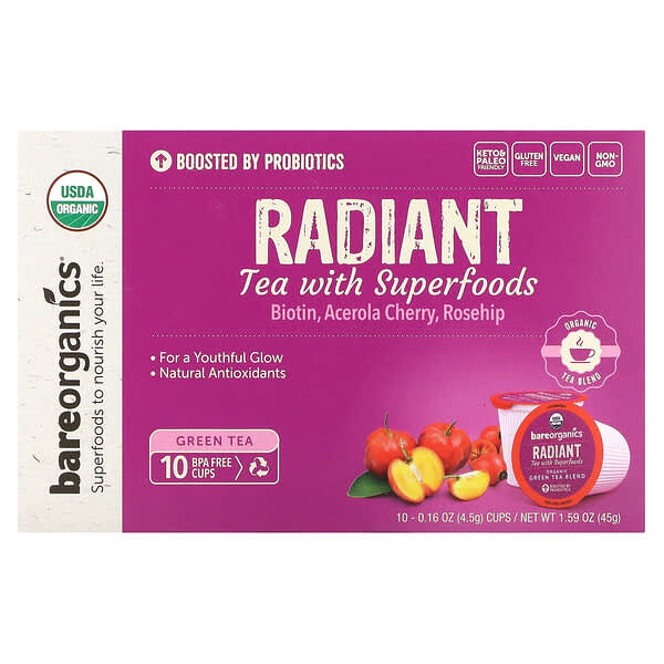 BareOrganics, Radiant, 슈퍼 푸드 함유 차, 녹차, 10컵, 개당 4.5g(0.16oz)