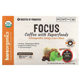 BareOrganics, Focus, Café con superalimentos, Tostado medio`` 10 tazas, 10,9 g (0,38 oz) cada una