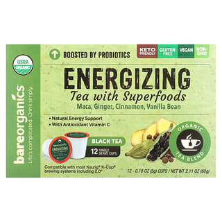 BareOrganics, Energizante, Chá com Superalimentos, Chá Preto, 12 xícaras, 5 g (0,18 oz) Cada