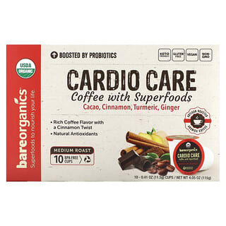 BareOrganics, Cardio Care, кофе с суперфудами, средней обжарки, 10 чашек по 11,5 г (0,41 унции)