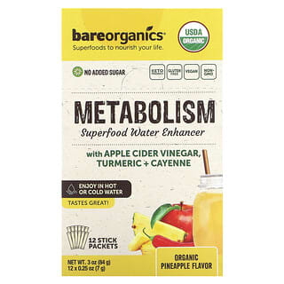 BareOrganics, Metabolism, Superfood Water Enhancer, Organic Pineapple, 12 Stick Packets, 0.25 oz (7 g) Each