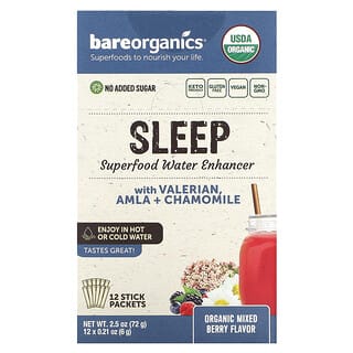 BareOrganics, Sleep, 슈퍼 푸드 수분 강화제, 유기농 혼합 베리 맛, 스틱 12팩, 개당 6g(0.21oz)