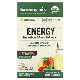BareOrganics‏, Energy, משפר מים ממזון-על, תה ירוק עם אפרסק אורגני, 12 שקיקים, 6 גרם (0.21 אונקיות) ליחידה