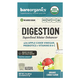 BareOrganics‏, משפר מים למזון-על לעיכול, לימון אורגני, 12 שקיקים, 7 גרם (0.25 אונקיות) כל אחד