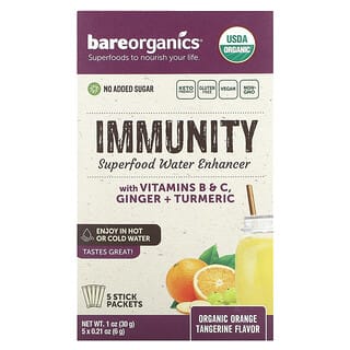 BareOrganics‏, Immunity, מזון Superfood Enhancer Water Enhancer, מנדרינה כתומה אורגנית, 5 שקיקים, 6 גרם (0.21 אונקיות) כל אחד