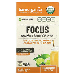 BareOrganics, Focus, Superfood Water Enhancer, Cerise et citron vert, 5 sachets en stick, 6 g chacun