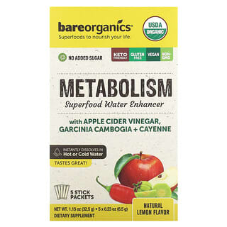 BareOrganics, Metabolism, Superfood Water Enhancer, Natural Lemon, 5 Stick Packets, 0.23 oz (6.5 g) Each