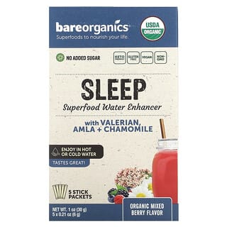 BareOrganics, Sleep, 슈퍼 푸드 수분 강화제, 유기농 혼합 베리 맛, 스틱팩 5개, 개당 6g(0.21oz)