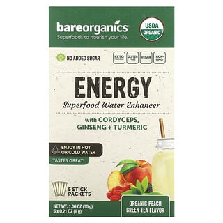 BareOrganics‏, Energy, משפר מים ממזון-על, תה ירוק עם אפרסק אורגני, 5 שקיקים, 6 גרם (0.21 אונקיות) כל אחד