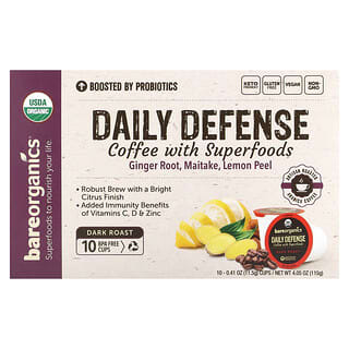 BareOrganics, Daily Defense, 슈퍼 푸드 함유 커피, 다크 로스트, 10컵, 개당 11.5g(0.41oz)