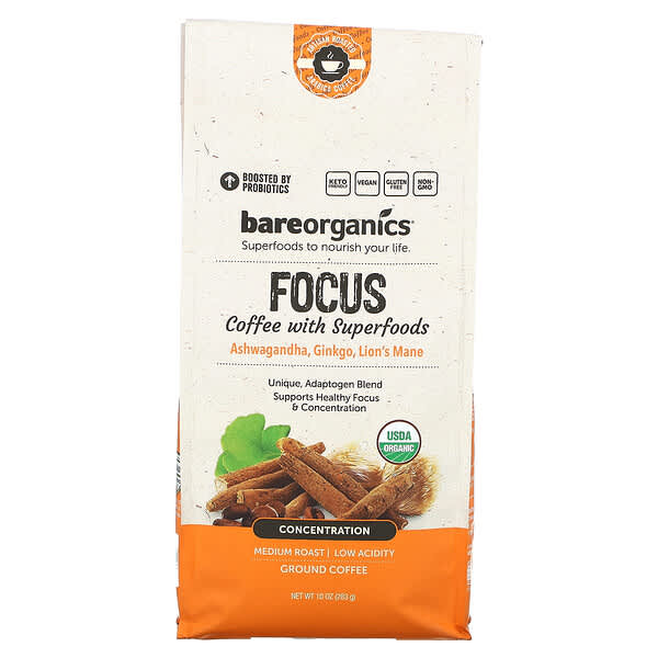BareOrganics, Focus Coffee so superpotravinami, mletá, stredne pražená, 283 g