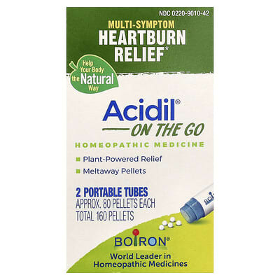 Boiron, Acidil® On The Go, Multi-Symptom Heartburn Relief, 2 To-Go Tubes, 80 Capsules Each
