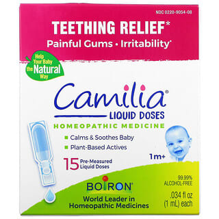 Boiron, Camilia, средство для снятия боли при прорезывании зубов, для младенцев от 1 месяца и старше, 15 заранее отмеренных жидких доз, 1 мл (0,34 жидк. унций) каждая