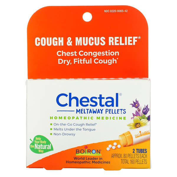 Boiron, Chestal Meltaway Pellets, Cough & Mucus Relief, 2 Tubes, Approx. 80 Pellets Each