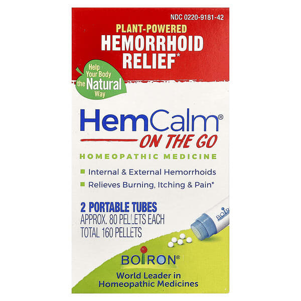 Boiron, HemCalm® On The Go, Ανακούφιση από Αιμορροΐδες, 2 Φορητοί Σωλήνες, Περίπου 80 Δισκία ο καθένας