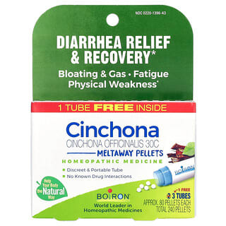 Boiron, Cinchona, Gránulos derretibles para la recuperación y el alivio de la diarrea, 30C, 3 tubos, 80 gránulos cada uno