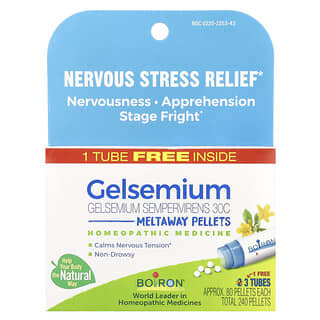 Boiron, Gelsemium, Nervous Stress Relief, Meltaway Pellets, 30C, 3 Tubes, Approx. 80 Pellets Each