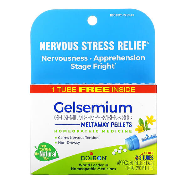 Boiron, Gelsemium, Nervous Stress Relief, Meltaway Pellets, 30C, 3 Tubes, Approx. 80 Pellets Each