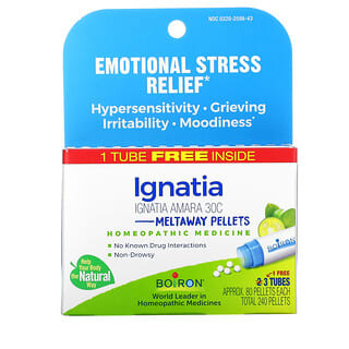Boiron, Ignatia Amara, Alivio del estrés emocional, Gránulos derretibles, 30C, 3 tubos, 80 gránulos cada uno
